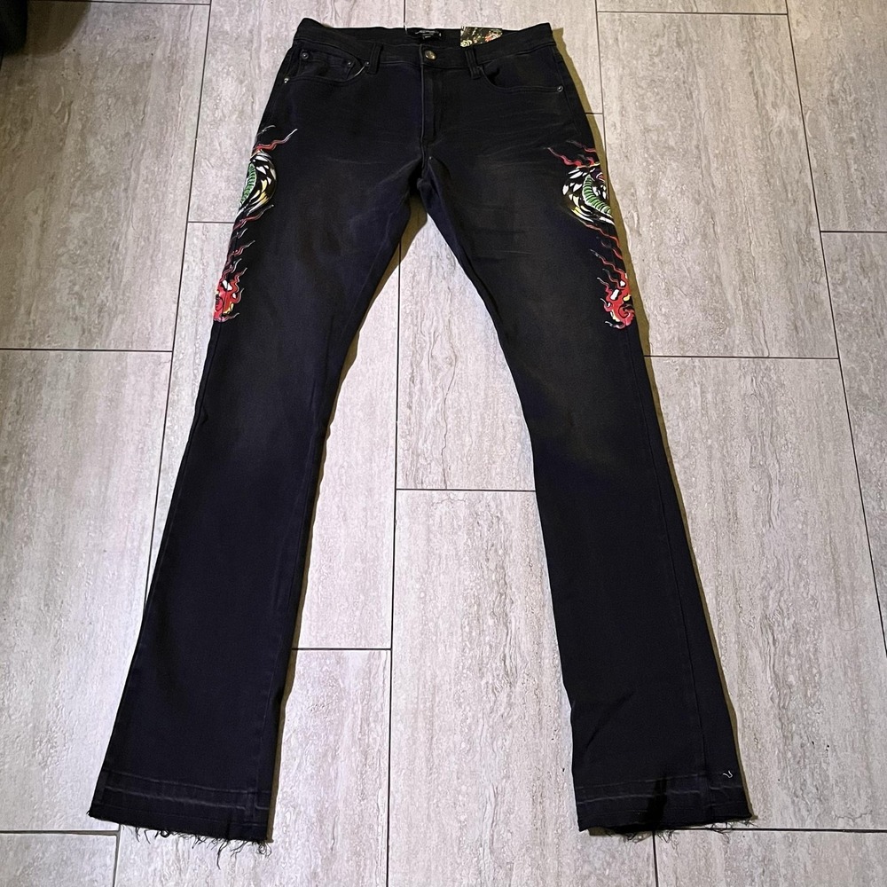 Ed Hardy Jeans Mens 30x32 Black Wash Tattoo Logo Graphic Slim Fit MEHD8303-4